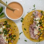 Ham tacos with peach salsa, cotija cheese and chipotle crema