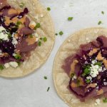 Corned beef tacos with pickled beets, cotija cheese and chipotle crema